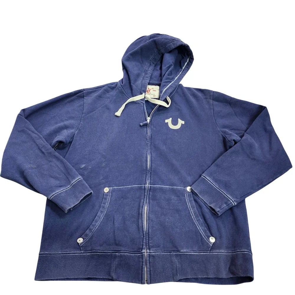 True Religion Hoodie Mens XL World Tour Navy Blue Graphic Full Zip EUC